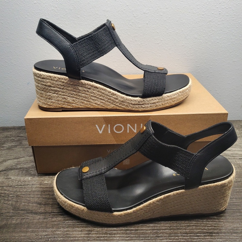 Vionic Sandals‎ Womens 9.5M Calera Black Leather Slingback Wedge Shoes NIB